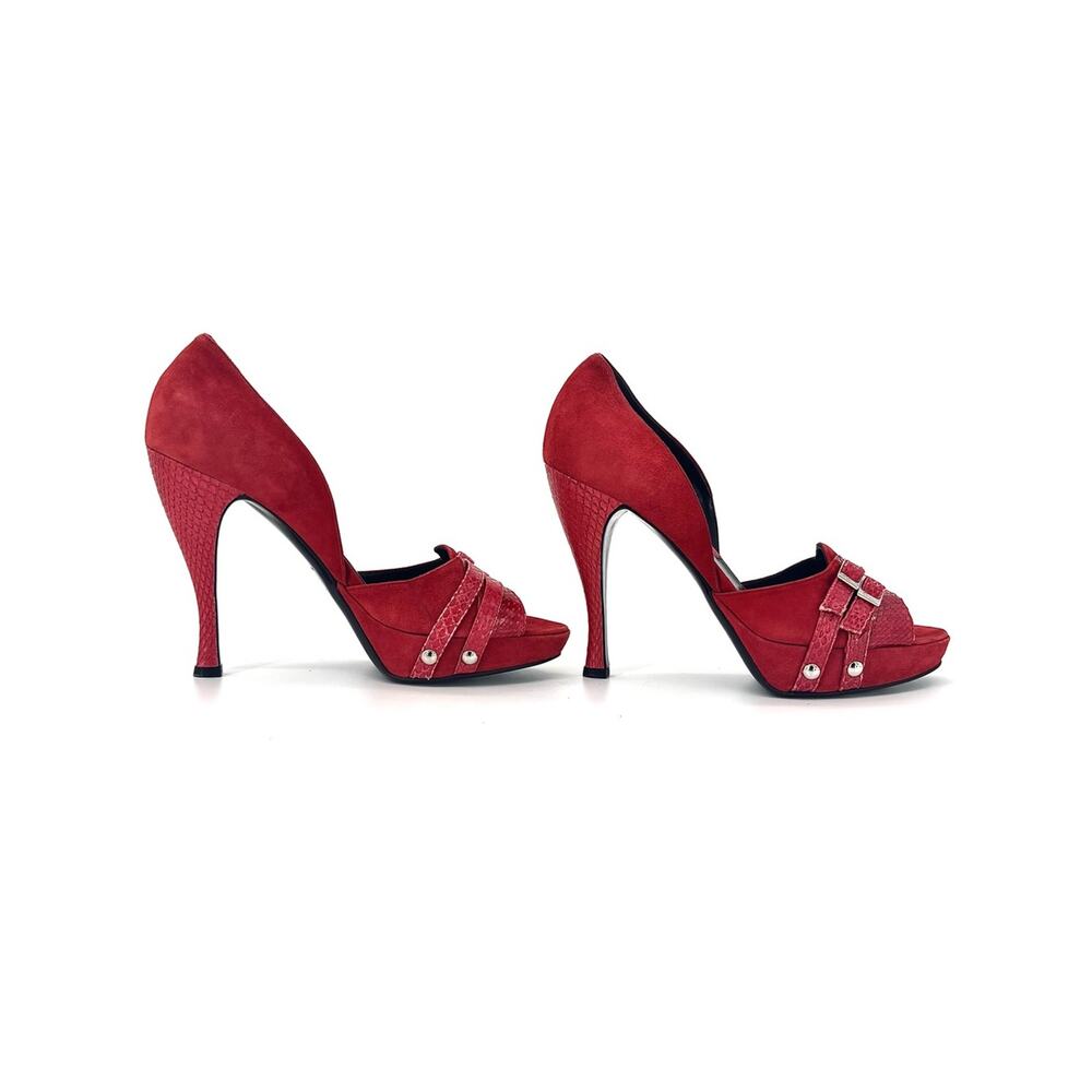 Dior John Galliano Red Double Buckle Snakeskin Peep Toe Platform Pumps 39.5 - Picture 5 of 10